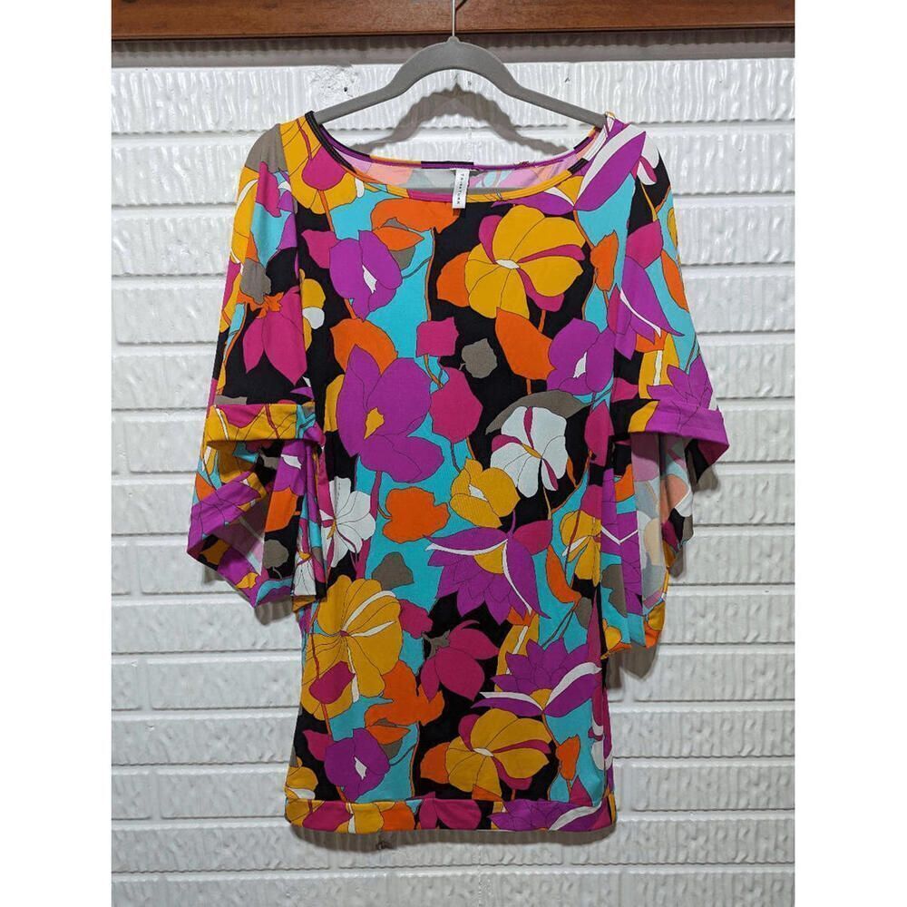 Trina Turk Women Multi Floral Gemini Draped-Sleeve Tunic Swimsuit Cover-Up Small